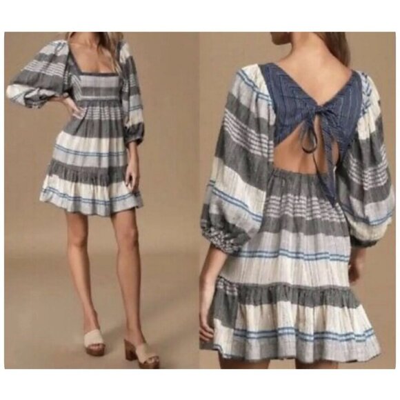 Free People Dress NWT $148 All Lined Up Stripe Blue Gray Tiered Ruffle Hem Sz S - Picture 13 of 13